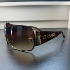 2000s Vintage Versace Gold & Brown Shield Sunglasses